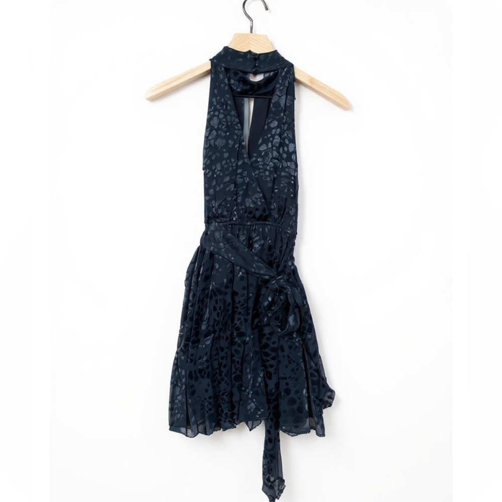 Anthropologie Dress Deadstock NWOT XS Black Halter Velvet Leopart Belted Midi